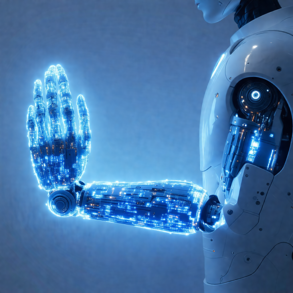 Robotic arm with a blue glow, extending outwards