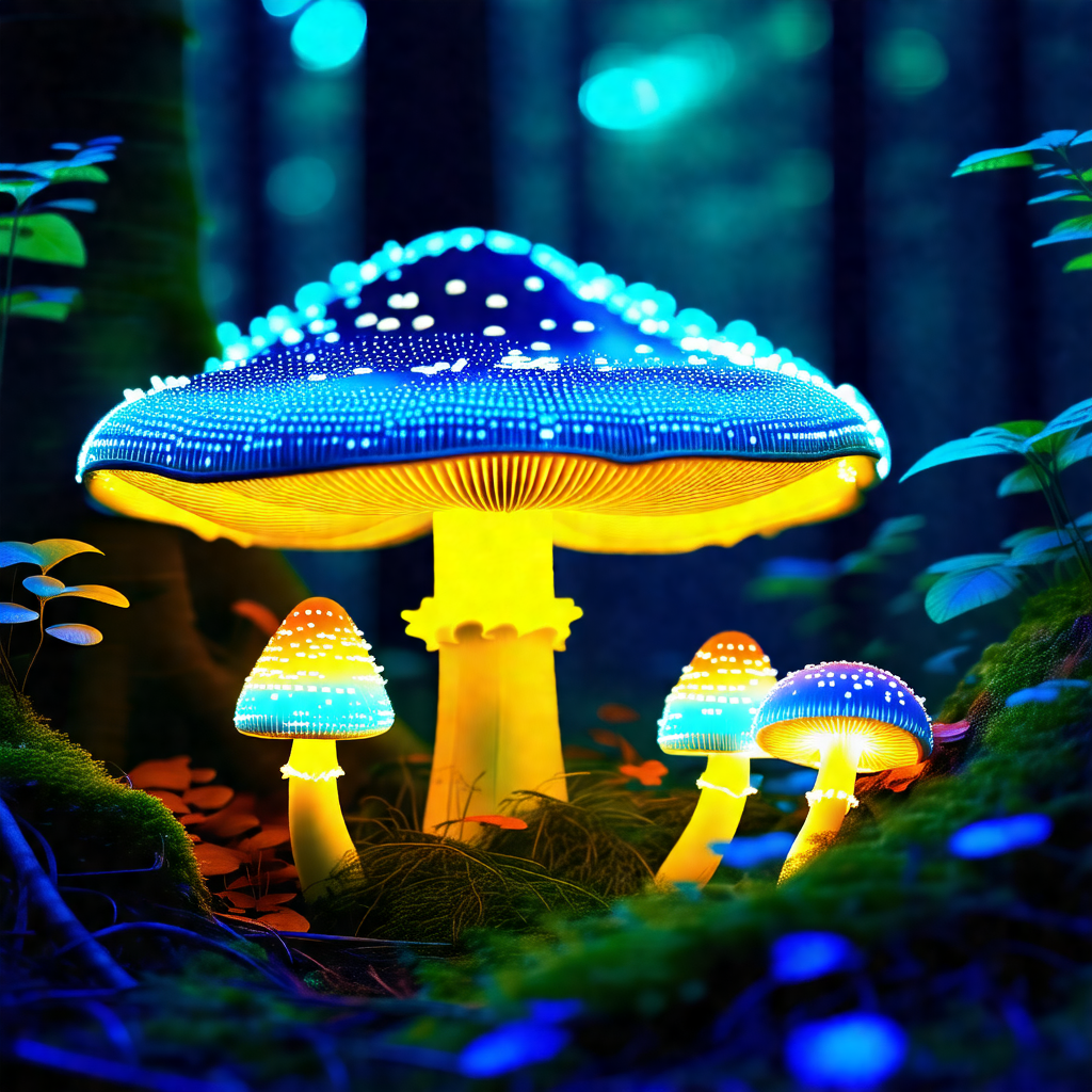 Forest with a group of glowing mushrooms