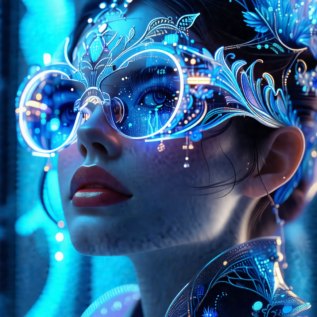 Woman wearing a futuristic outfit, including a blue and w...