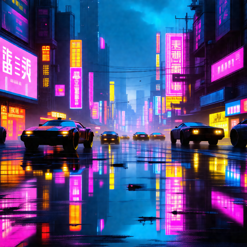 Busy city street at night, filled with traffic and neon l...