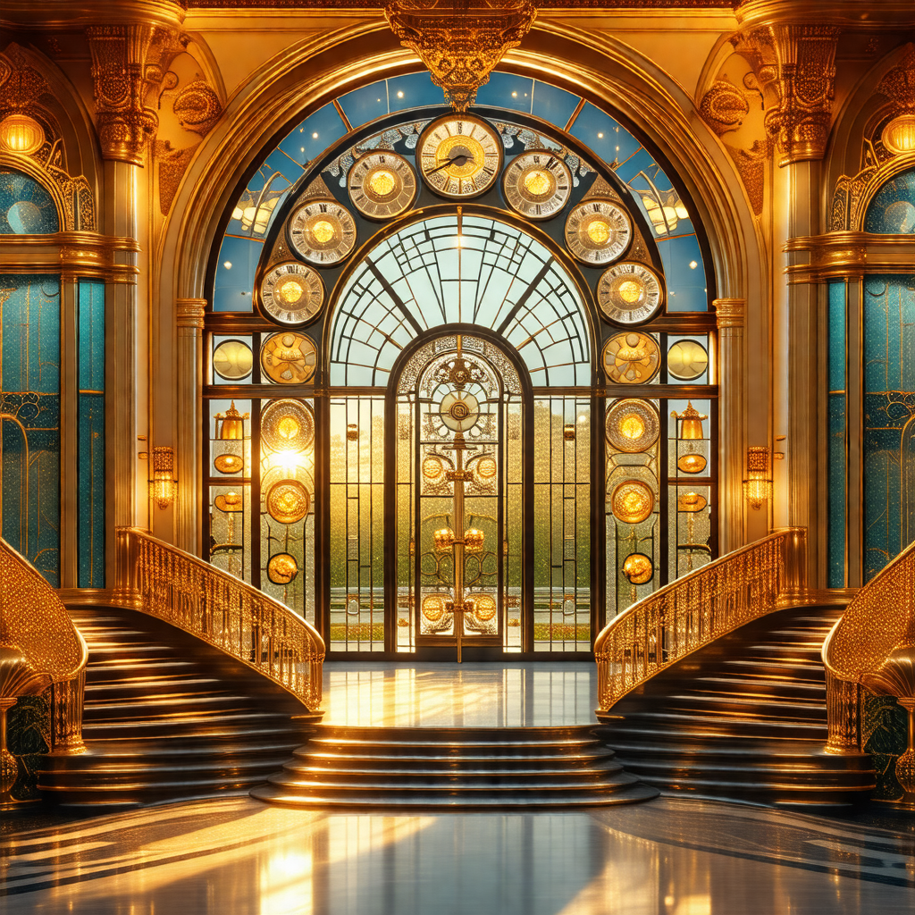 Grand entrance to a building, with a large clock mounted ...