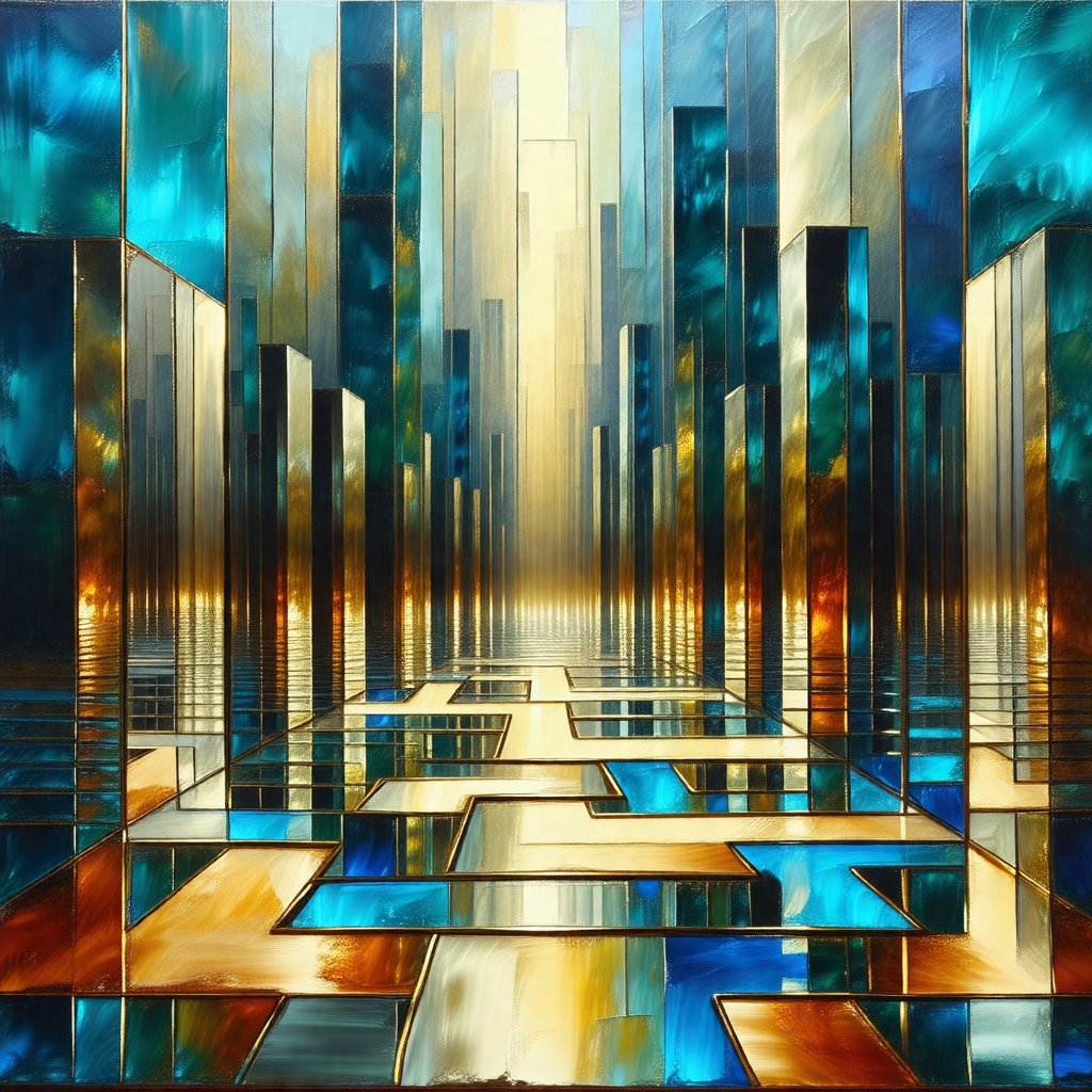 Painting of a cityscape, featuring a large building with ...