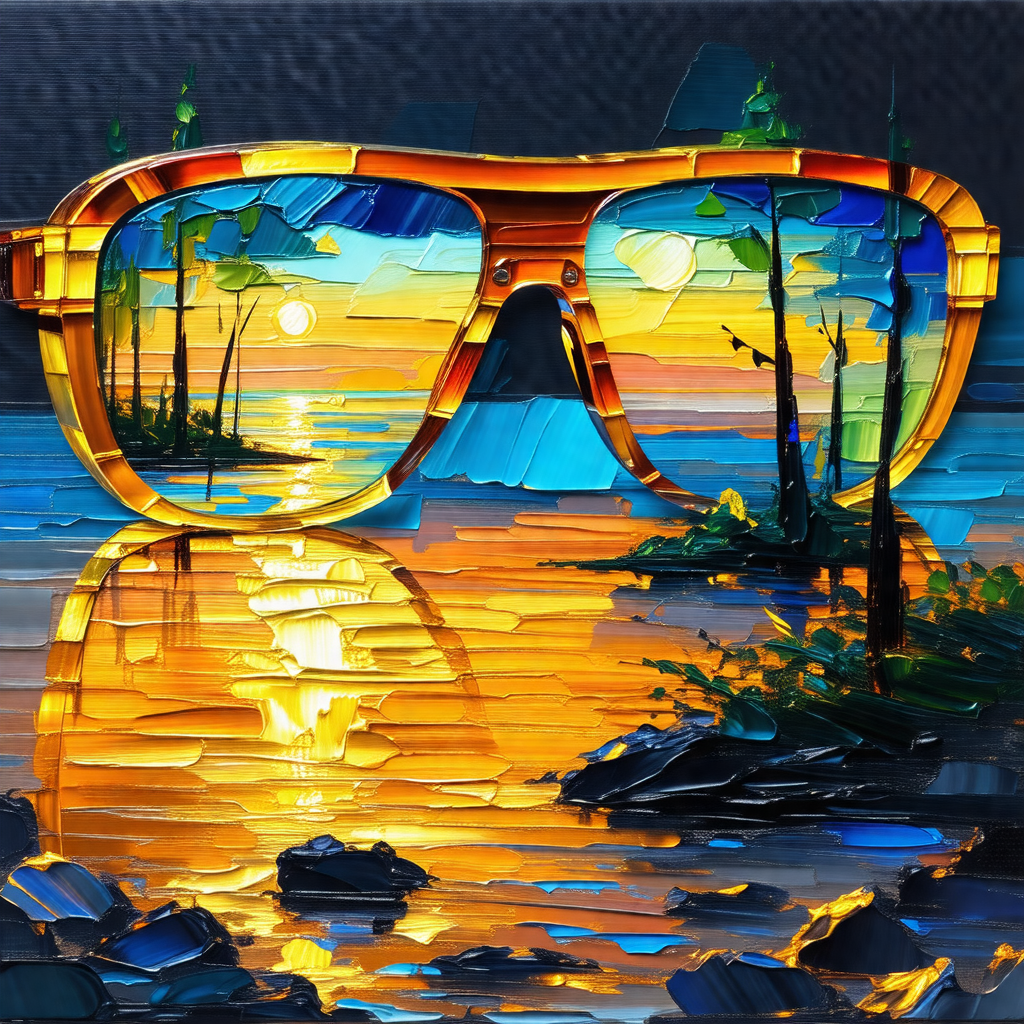 Painting of a sunset with a pair of sunglasses placed in ...