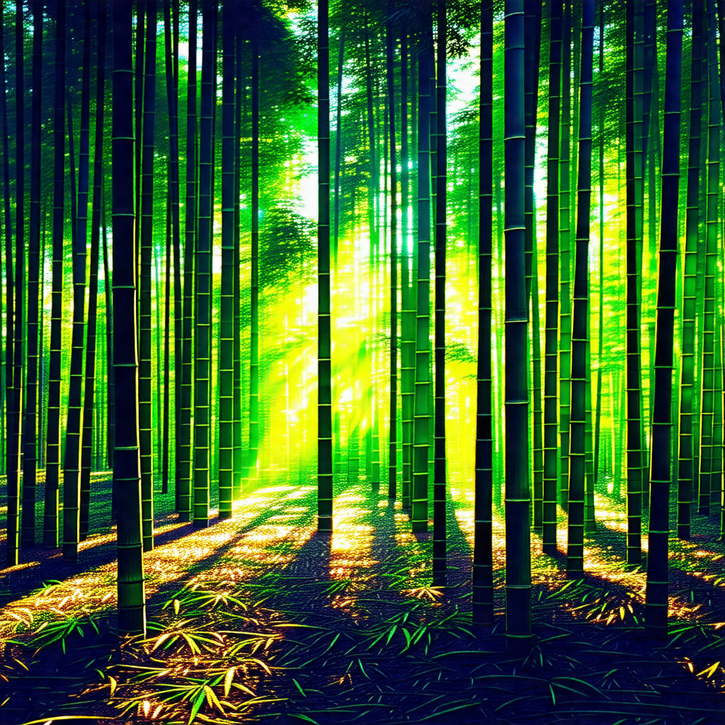 Lush green forest filled with tall, slender bamboo trees