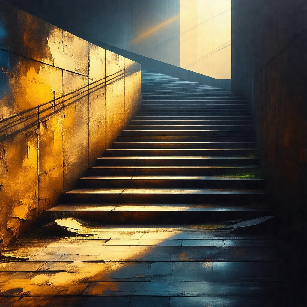 Staircase with a yellowish hue, giving it a warm and invi...