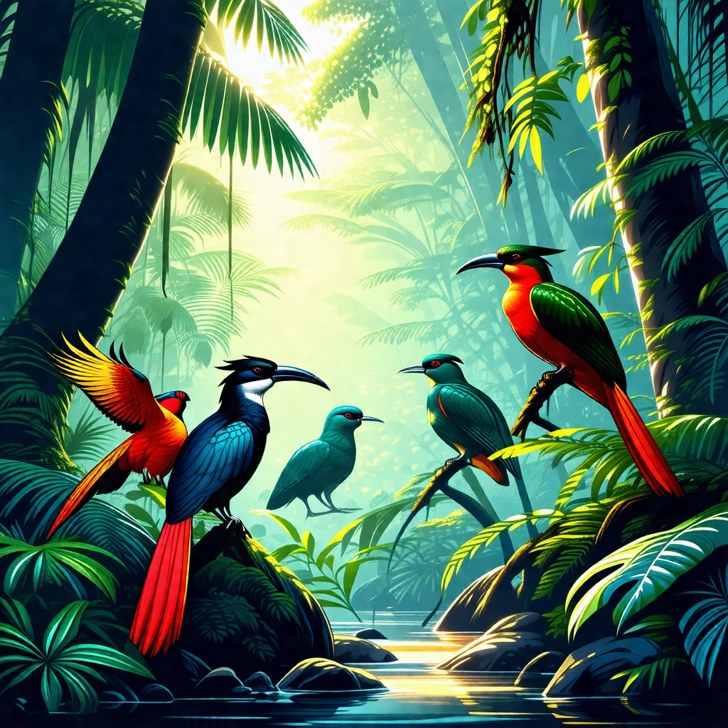 Lush green forest filled with a variety of birds