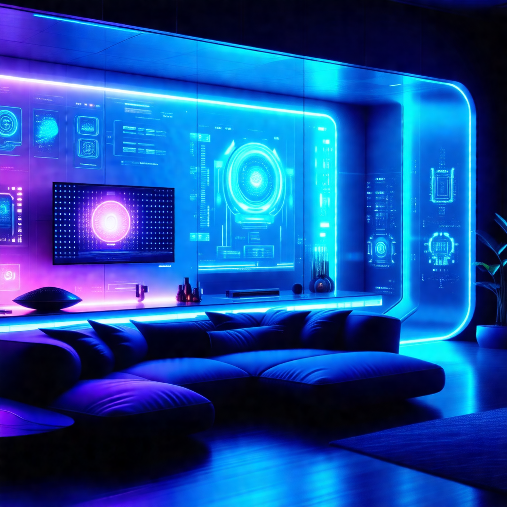 Futuristic living room with a purple glow