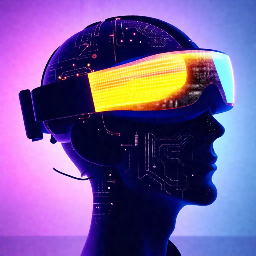 Close-up of a person's head wearing a pair of glowing gla...