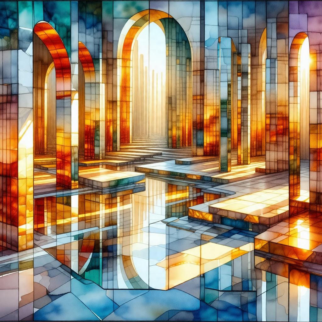 Colorful, artistic depiction of a large, open building wi...