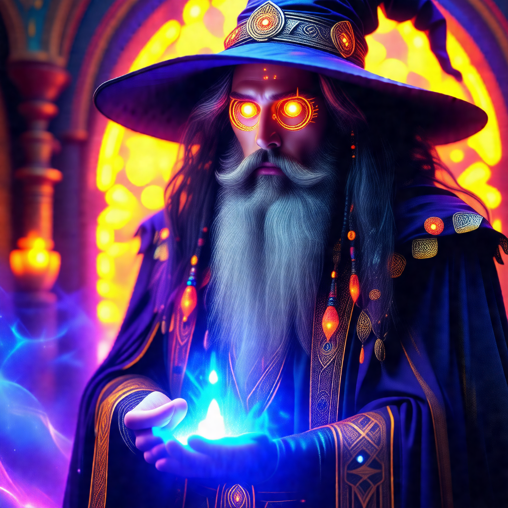 Wizard with a long beard and a pointy hat, standing in fr...