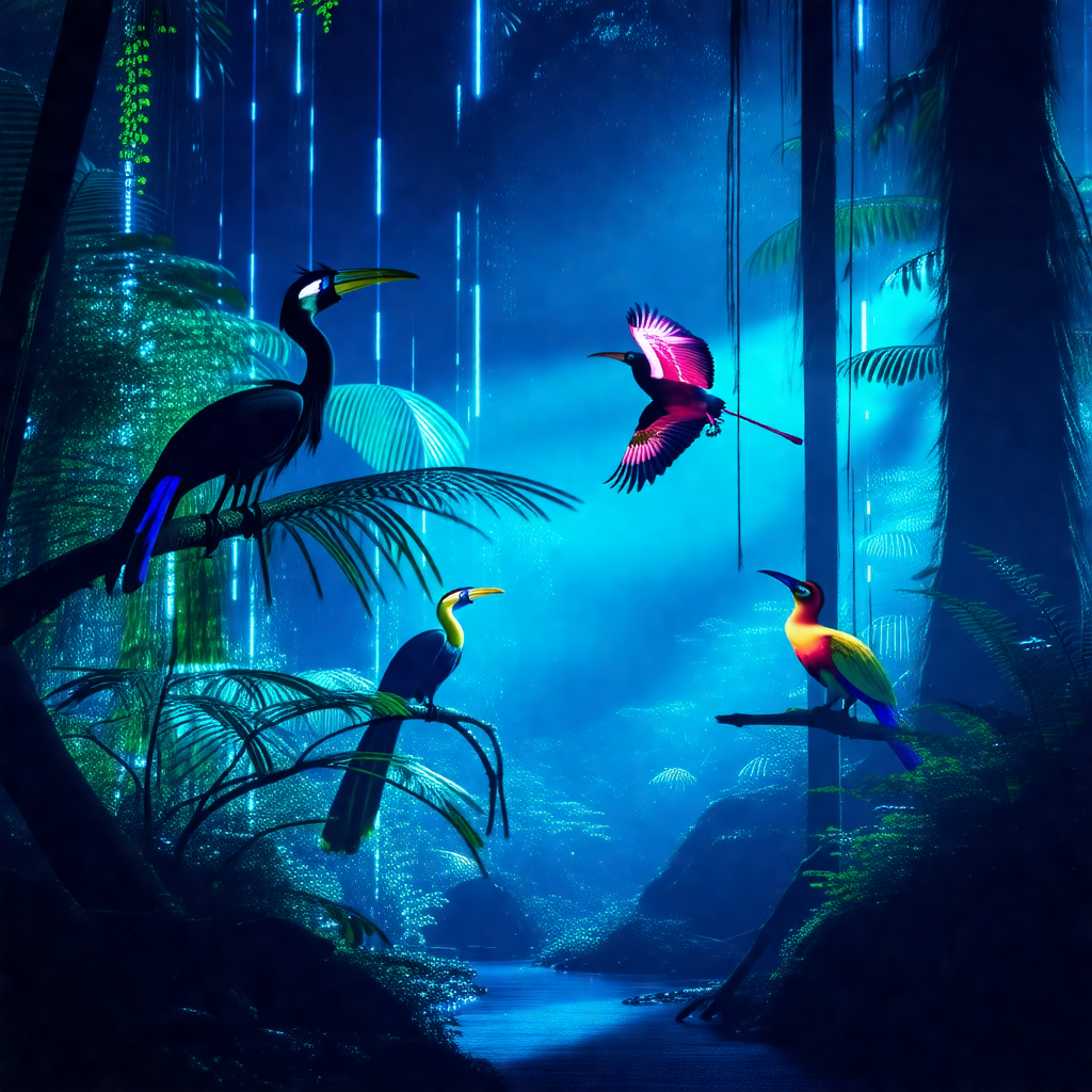Lush, tropical forest filled with various birds