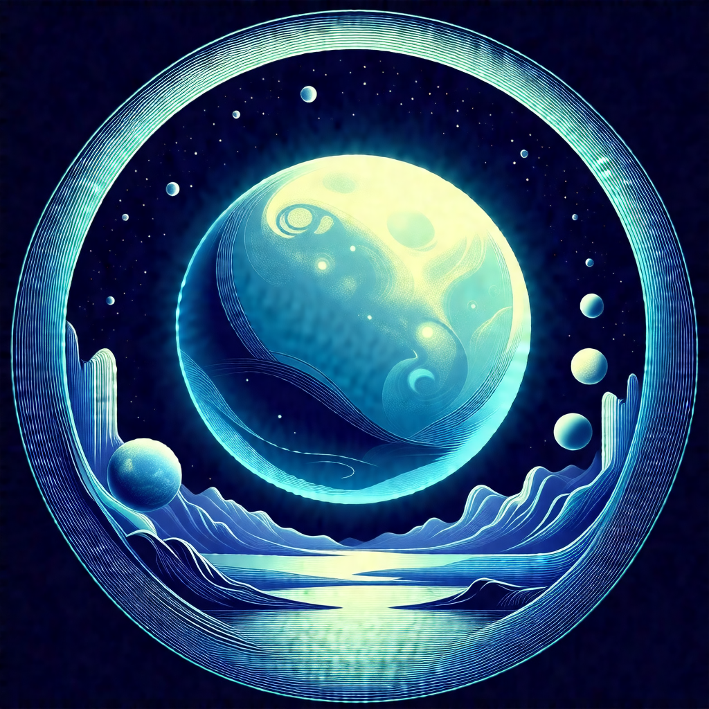 Blue and white planet with a moon and a few other planets...