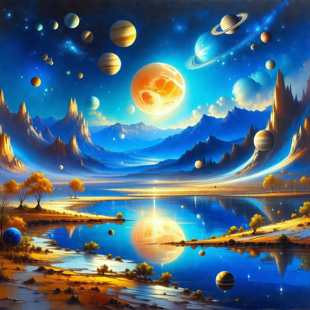 Painting of a beautiful scene featuring a lake with a ref...