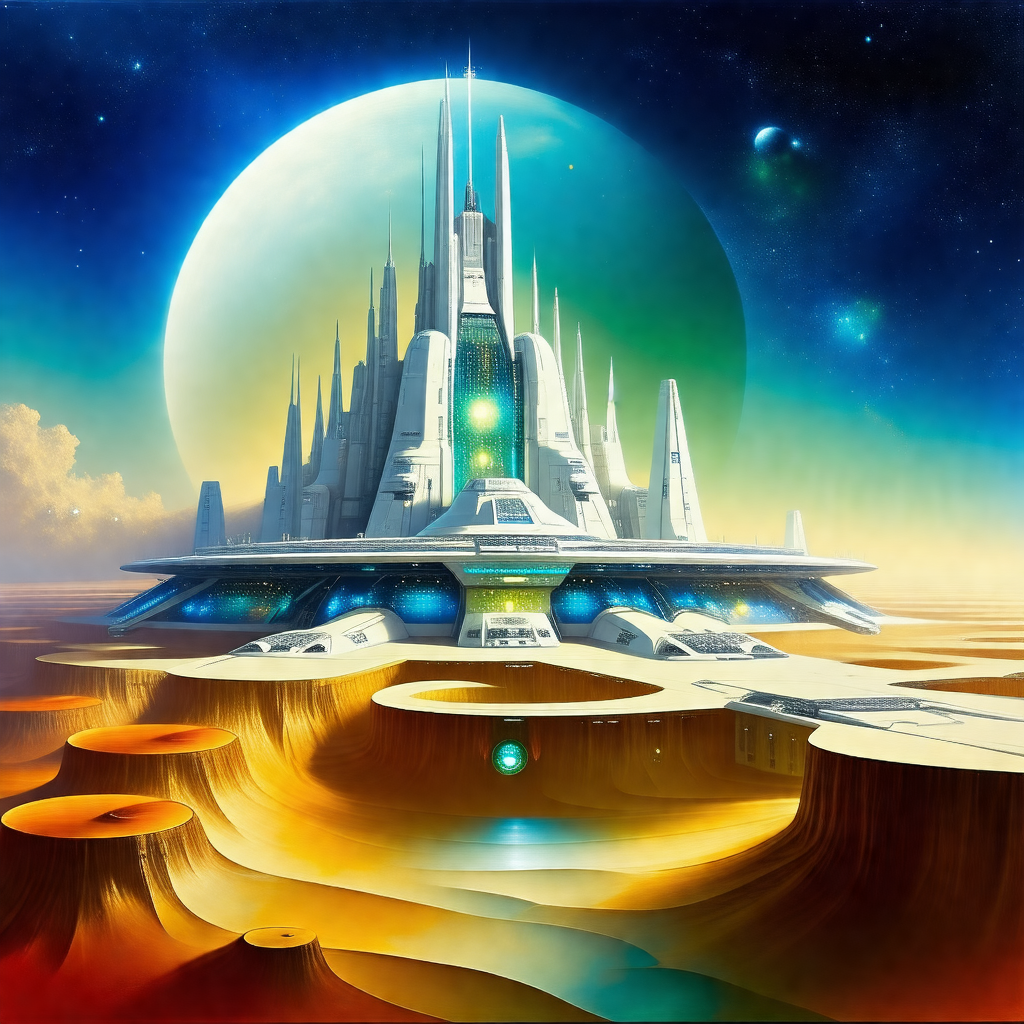 Futuristic city with a large, white, and tall building in...