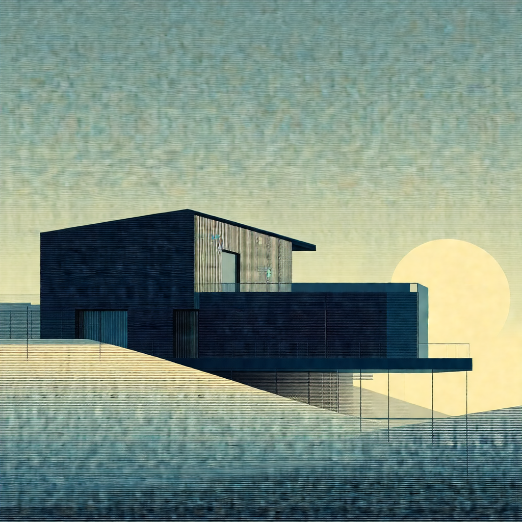 Blue and white drawing of a house, which appears to be a ...