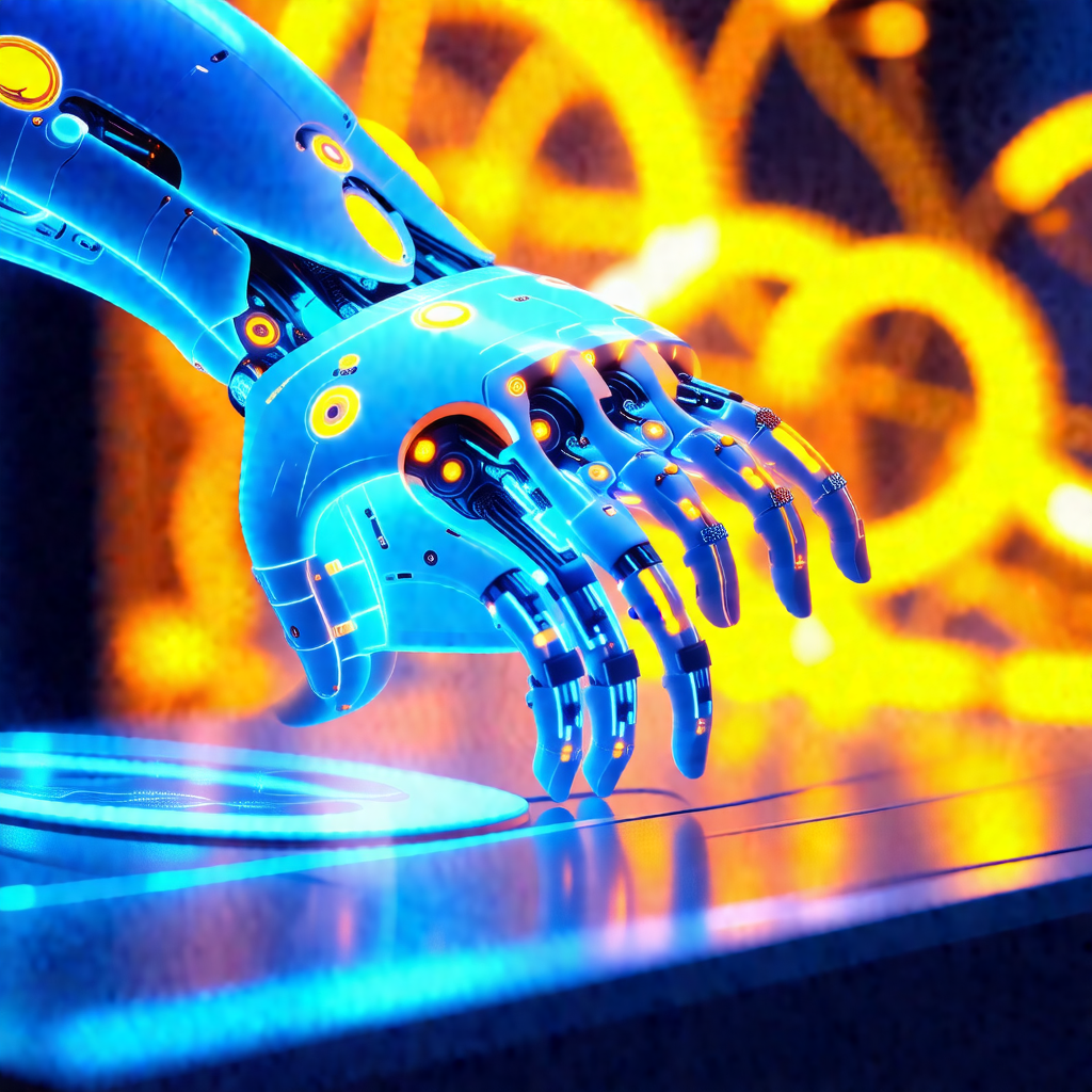 Futuristic scene with a robotic hand placed on a table