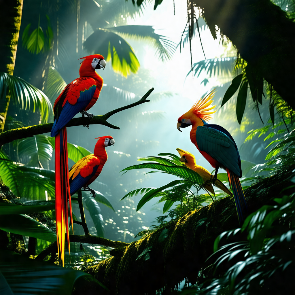Group of colorful birds perched on a tree branch in a lus...