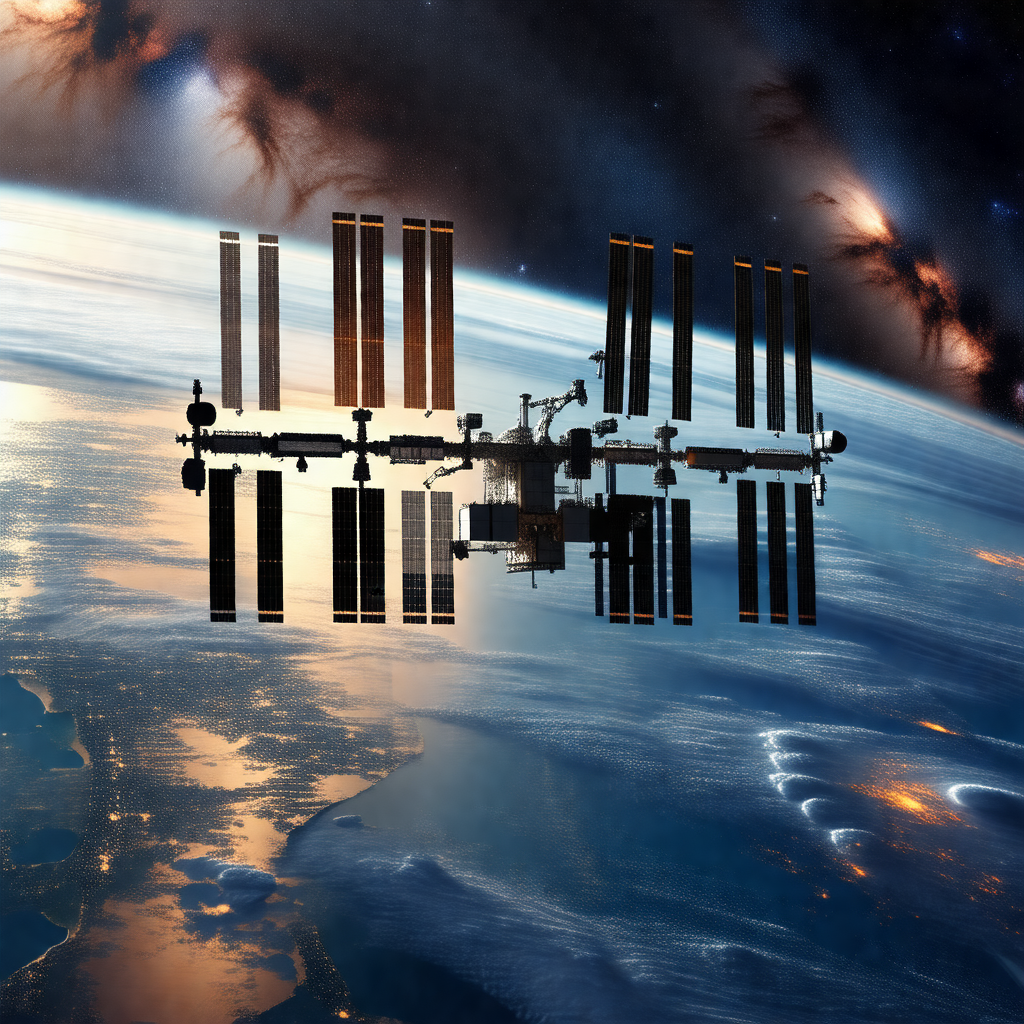 Space shuttle with a large satellite on top of it, flying...