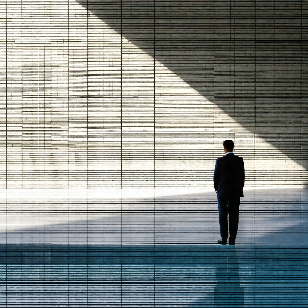 Man standing in a large, open room with a long, narrow ha...