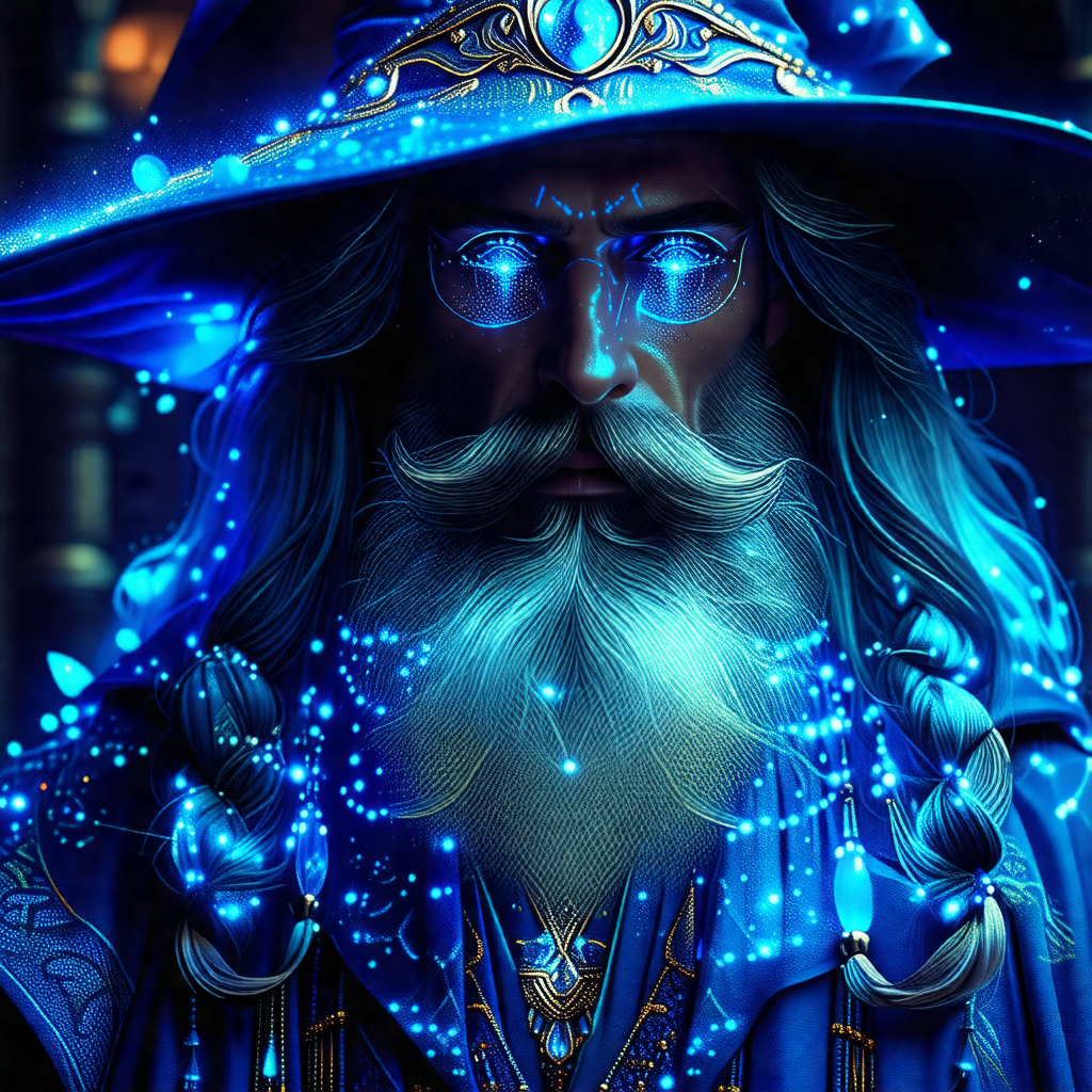 Man with a long beard and a blue hat, wearing a blue robe