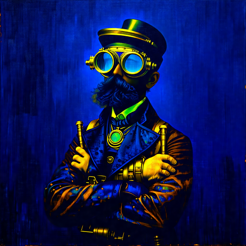 Man wearing a top hat and glasses, standing in a dark room