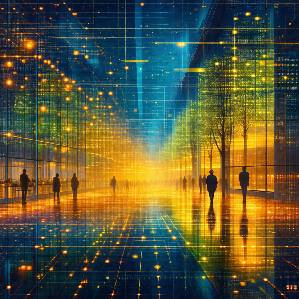 Futuristic cityscape with a group of people walking down ...