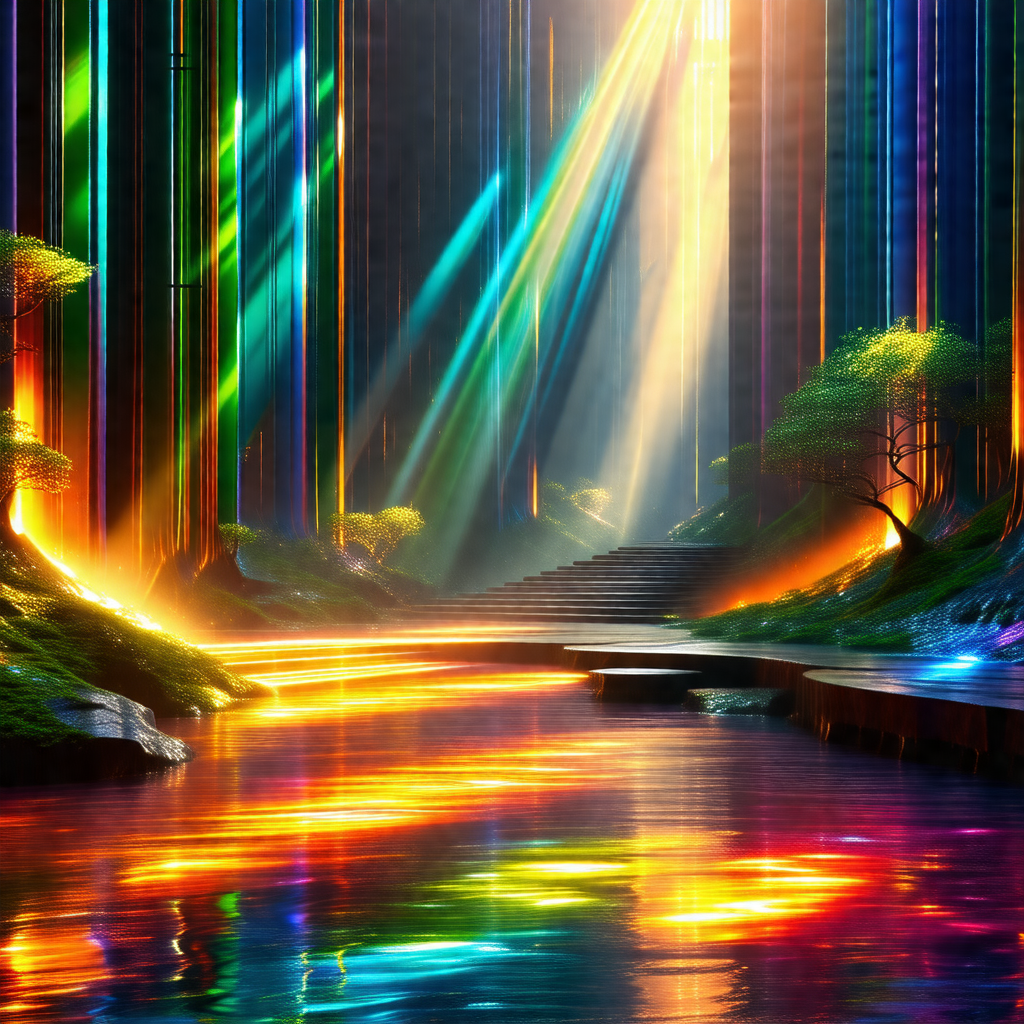Beautiful waterfall with a rainbow of colors cascading do...