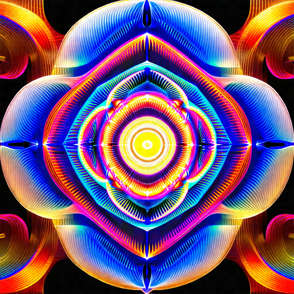 Colorful, abstract artwork featuring a large, circular de...