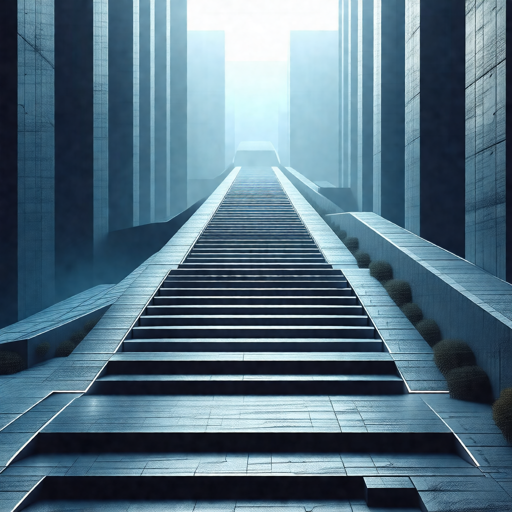 Black and white photo of a long staircase leading upwards