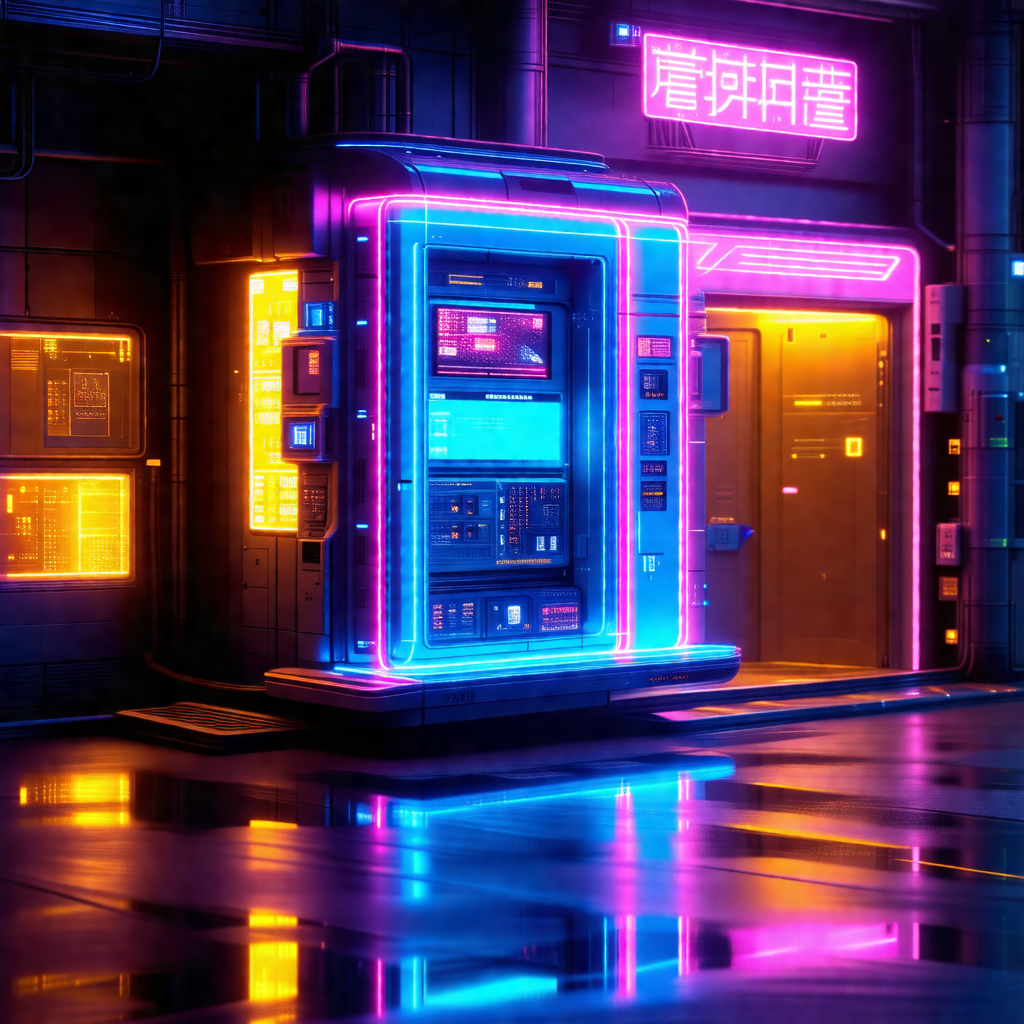 Futuristic cityscape with a large, colorful building in t...