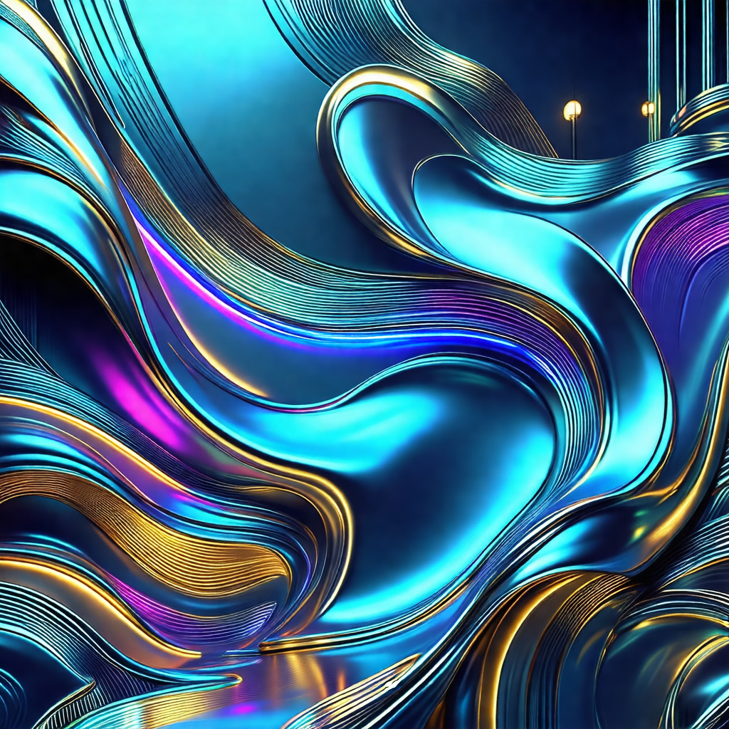 Large, colorful, and abstract painting of a blue and gold...