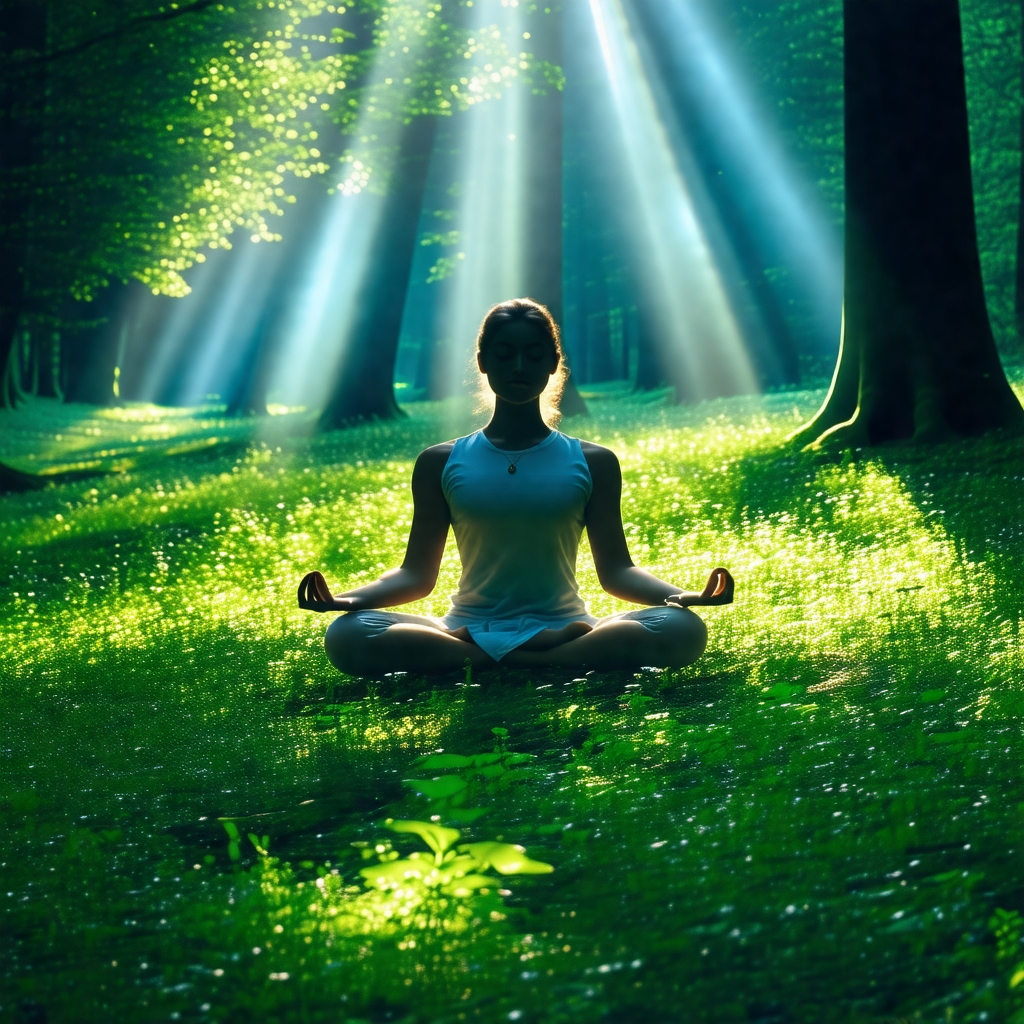 Woman sitting in a grassy field, surrounded by trees