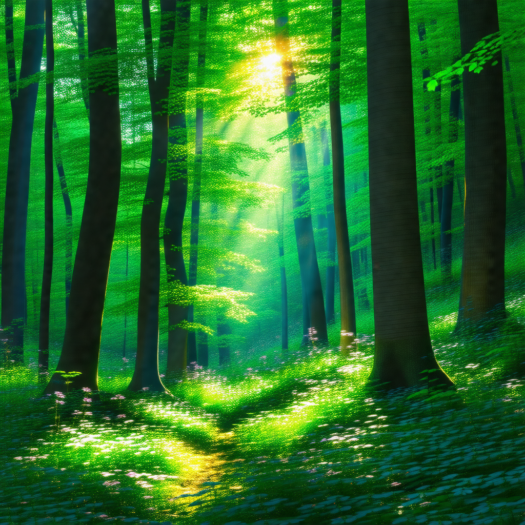 Serene forest scene with a pathway leading through the trees