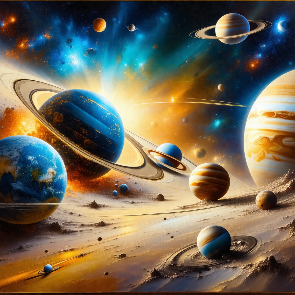 Painting of a solar system, featuring a variety of planet...