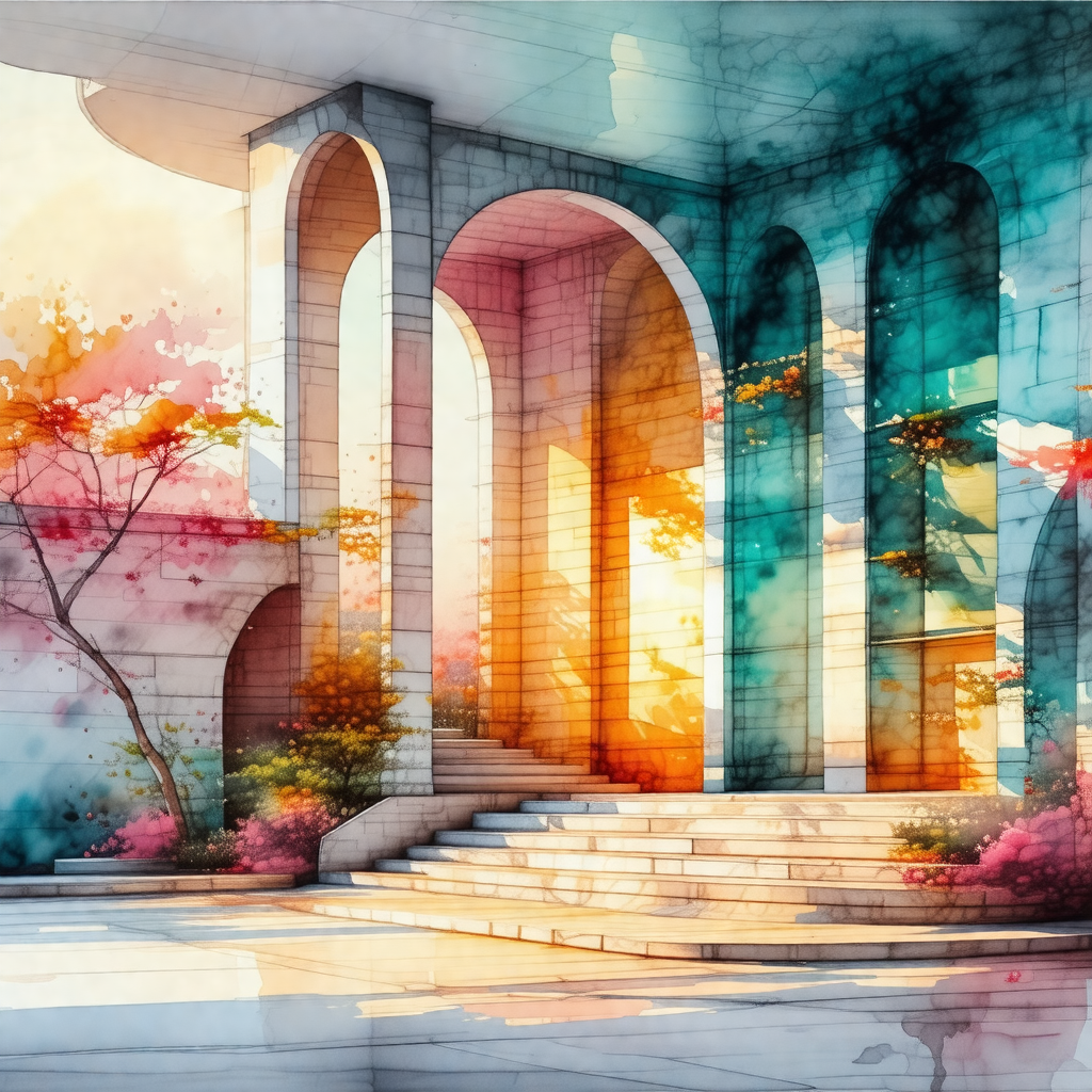 Painting of a large building with a staircase leading up ...