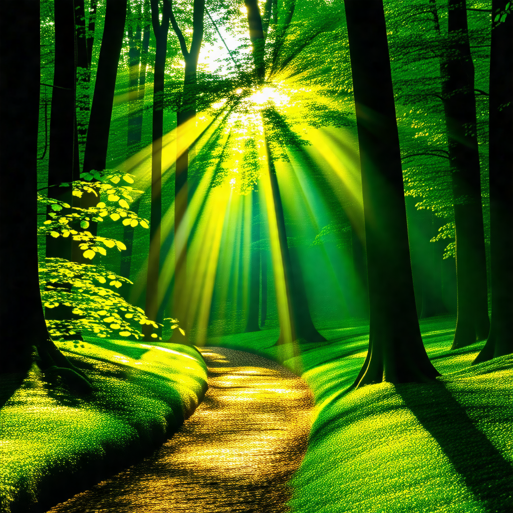 Lush green forest with a pathway leading through the trees