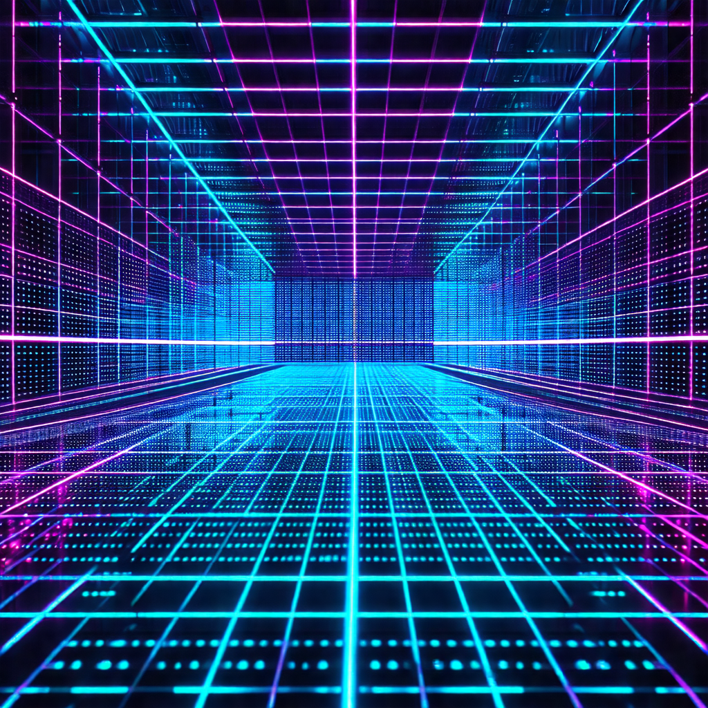 Futuristic, neon-colored, three-dimensional space with a ...