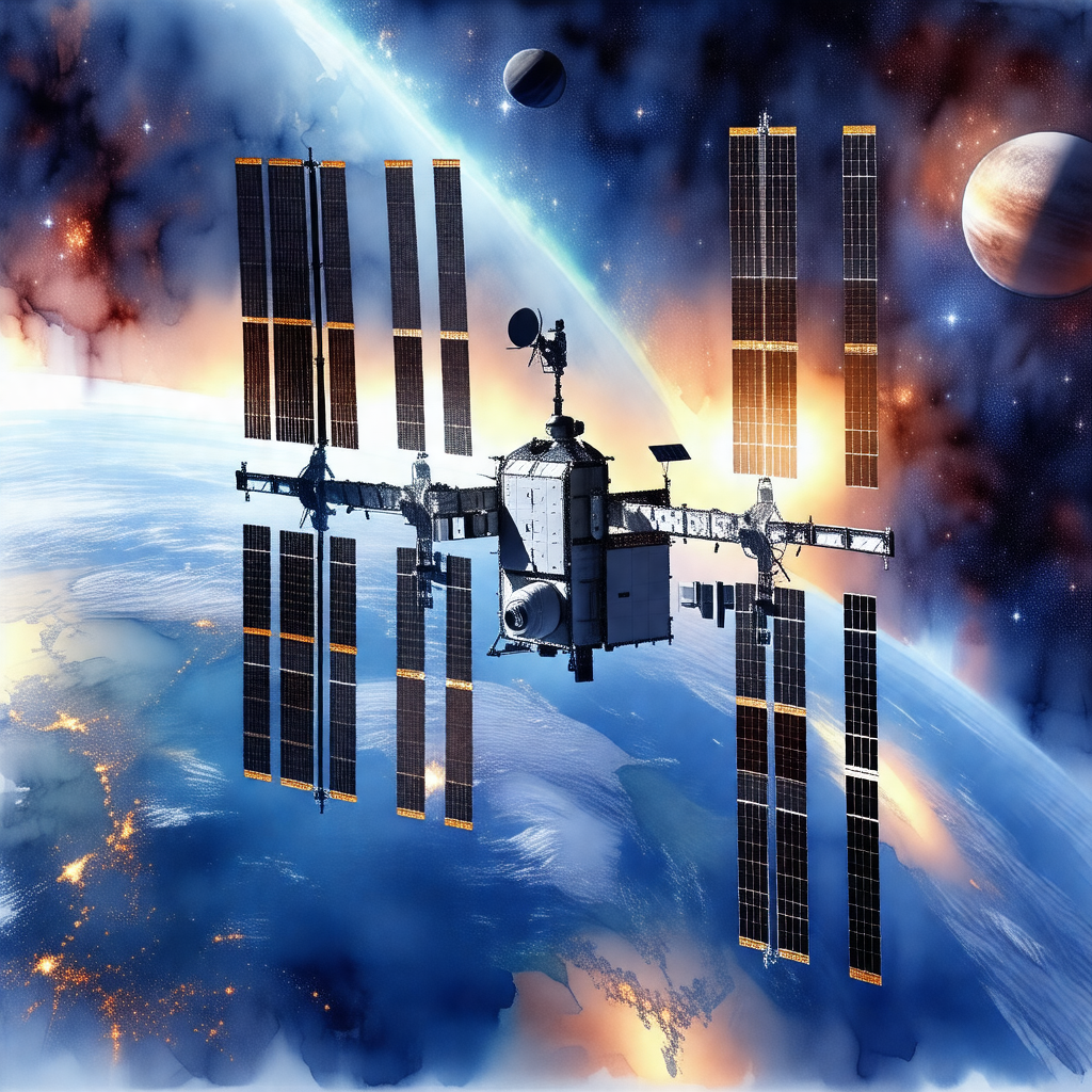 Space shuttle with a large number of solar panels on its ...