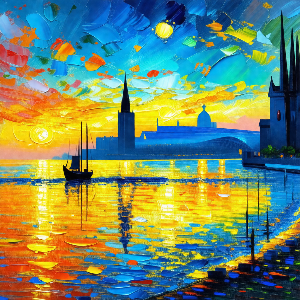 Beautiful scene of a city with a castle and a large body ...