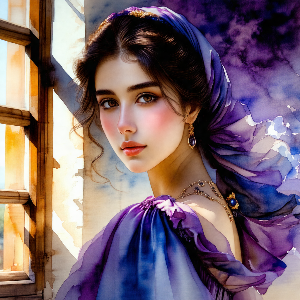 Woman with long, dark hair, wearing a purple dress and a ...