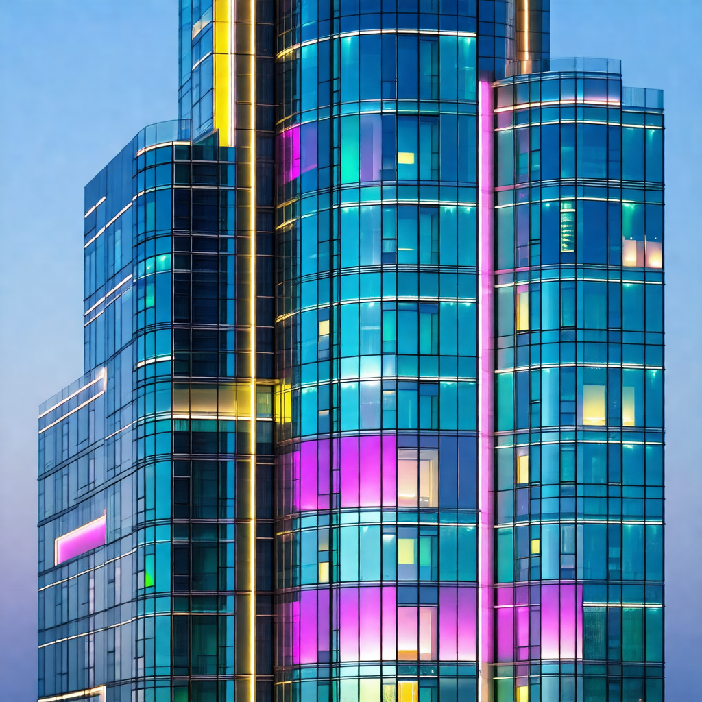 Tall, multi-colored building with a large number of windows
