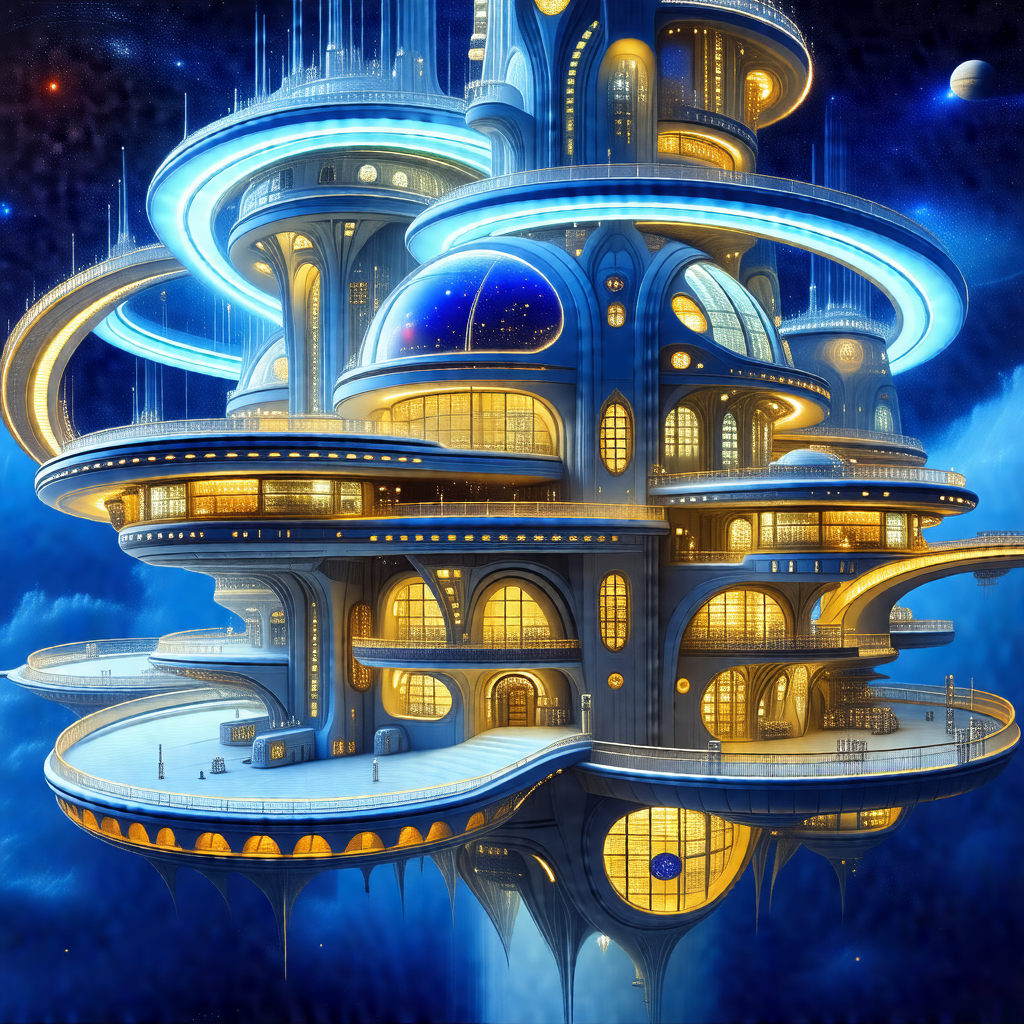 Futuristic cityscape with a large, multi-level building t...