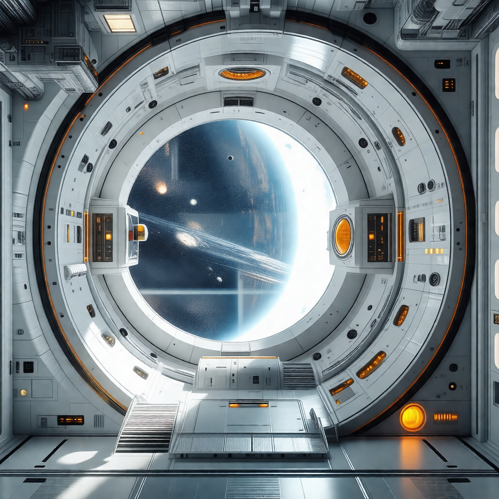 Futuristic space station with a large, round window that ...