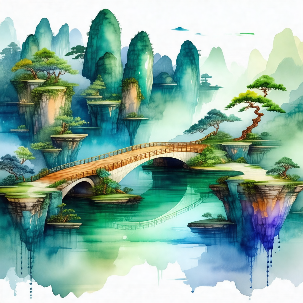 Colorful painting of a bridge that spans across a body of...