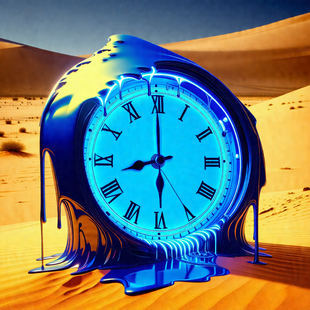 Large, blue clock with a yellow face, placed in a desert-...