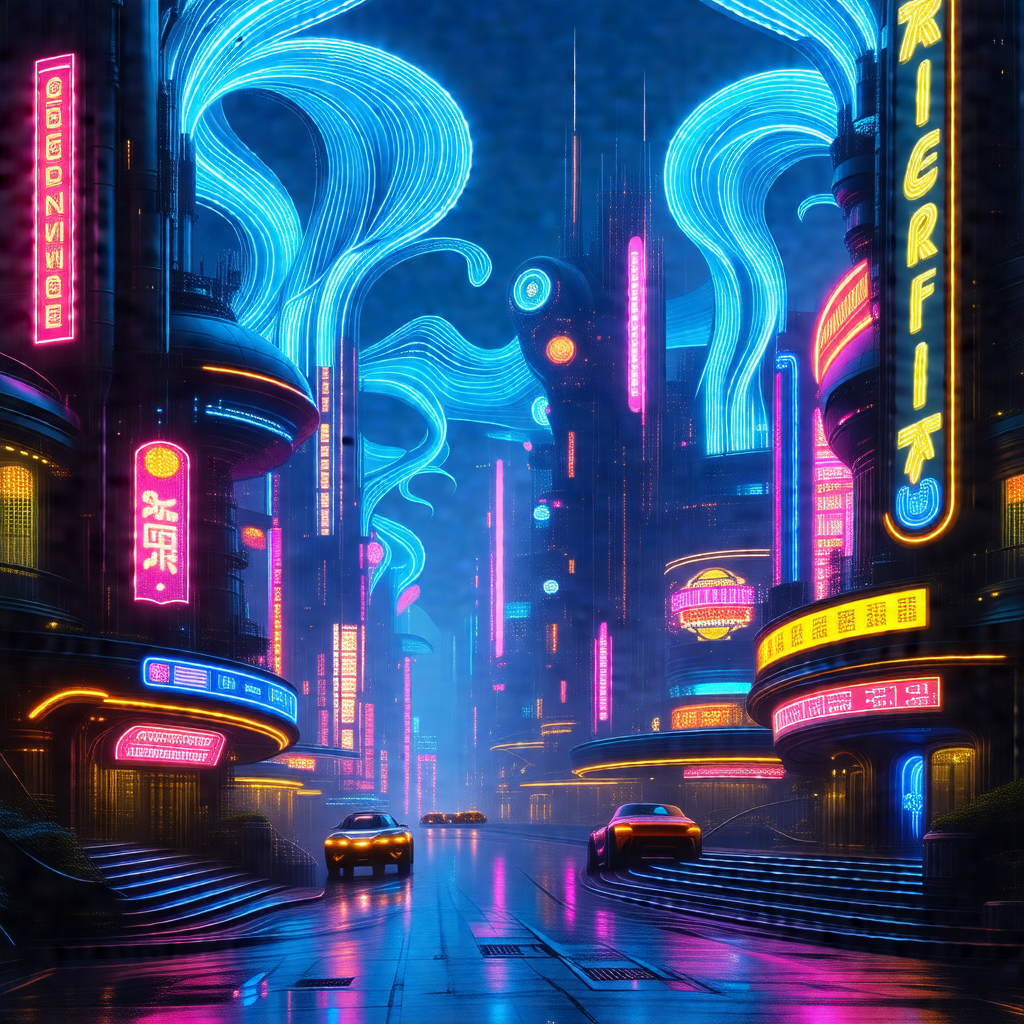 Futuristic cityscape with a rain-soaked street