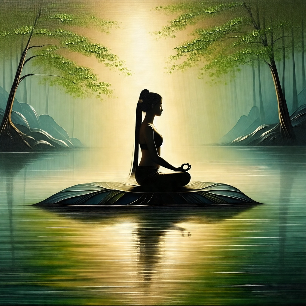 Woman sitting on a raft in a body of water, possibly a lake