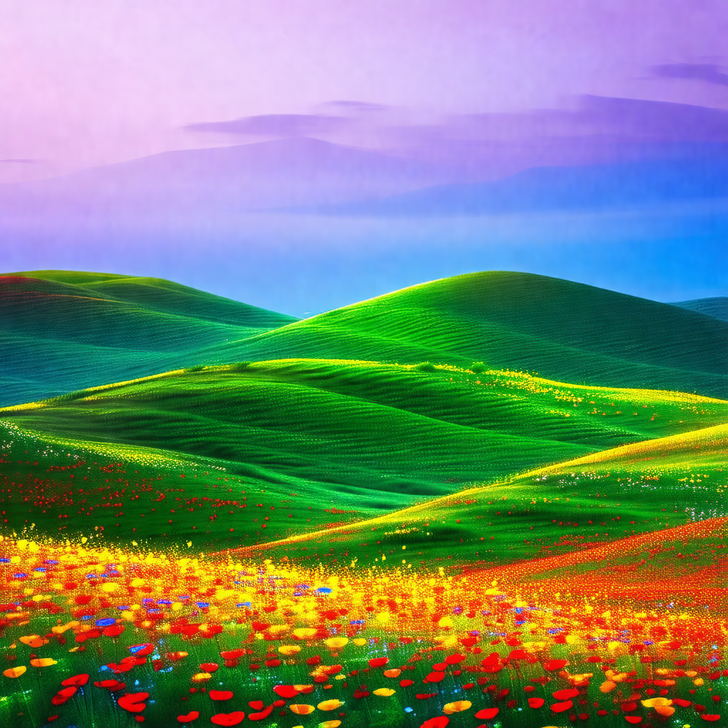 Vibrant, colorful painting of a lush green hillside with ...
