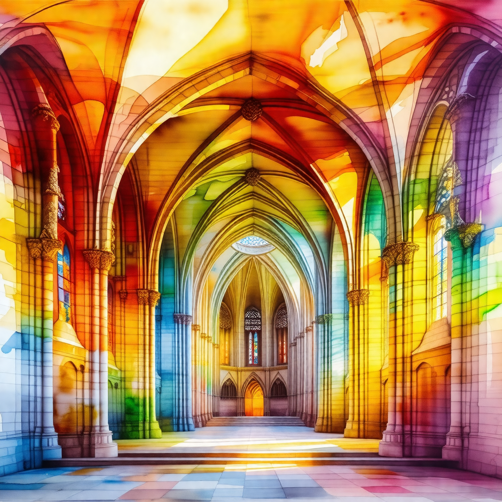 Colorful, artistic representation of a cathedral