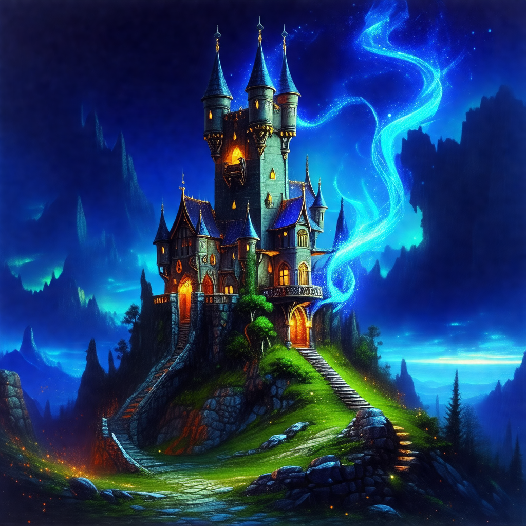 Large, majestic castle with a blue sky in the background